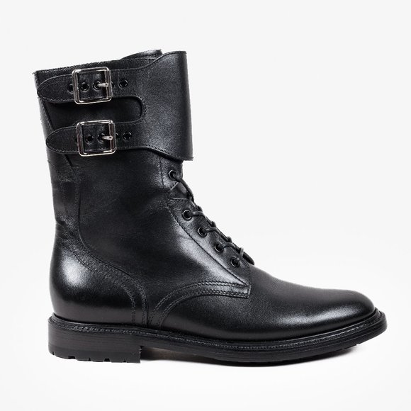 Celine Black Calf Leather Combat Boots with Buckles - Picture 2 of 13